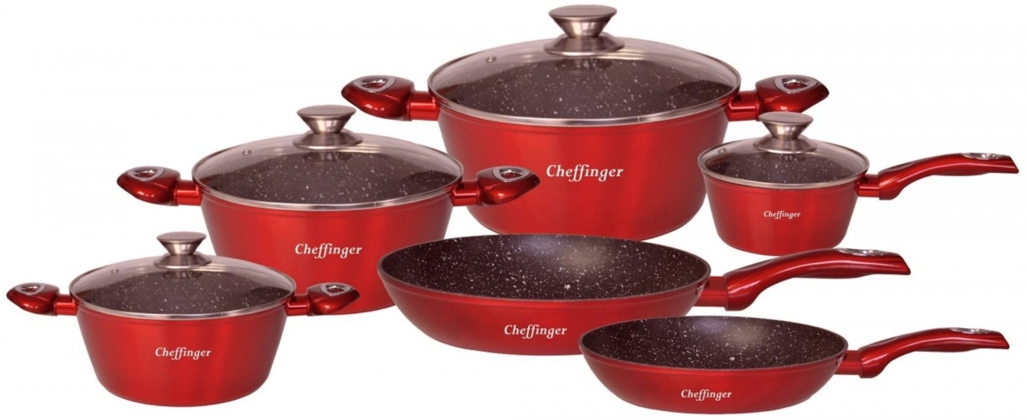 Kochtopf Kasserolle Bratpfannen Set 10-tlg rot Glasdeckel Cheffinger FA1010 Bild 1