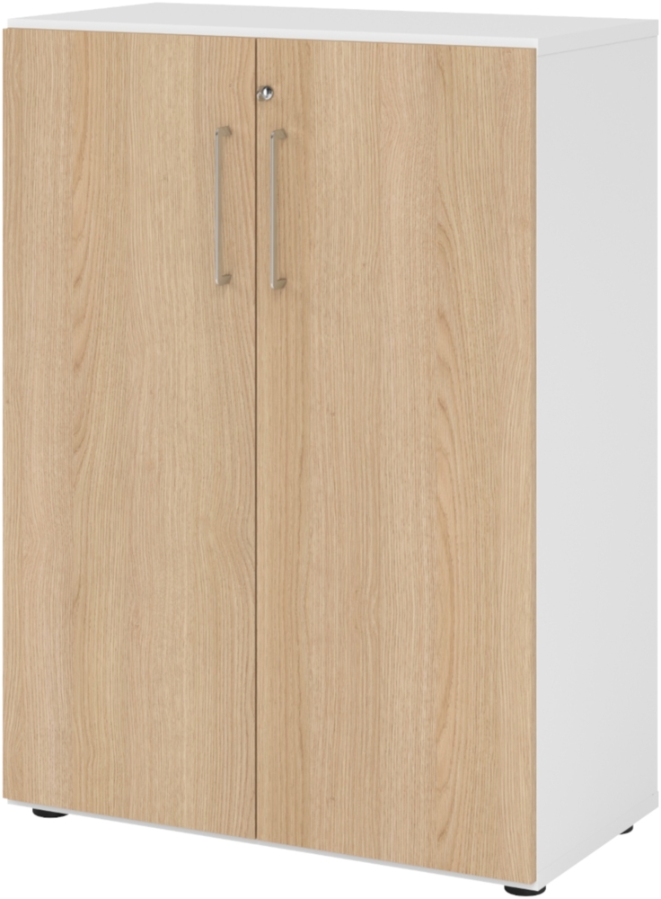 bümö Aktenschrank abschließbar, Büroschrank Holz 80cm breit in Weiß/Eiche - abschließbarer Schrank mit Aktenregal für's Büro & Arbeitszimmer, Büro Möbel Ordnerschrank mit Schloss, 938T3-W-E-BS Bild 1