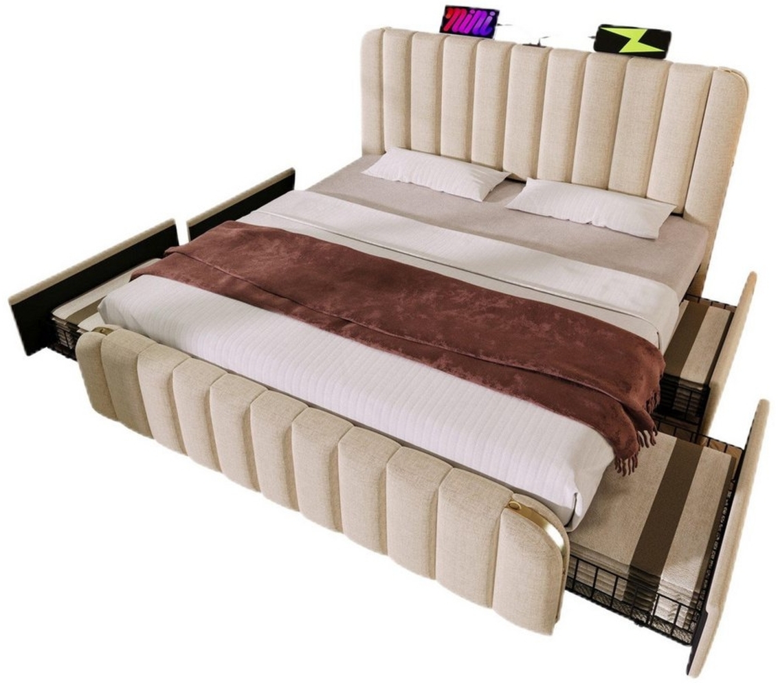 TavilaEcon Polsterbett Kopfteil Fußteil mit goldenen Zierstreifen, USB Typ-C, beige (1-tlg), 90×200/140×200/160×200/180×200cm, beige Bild 1