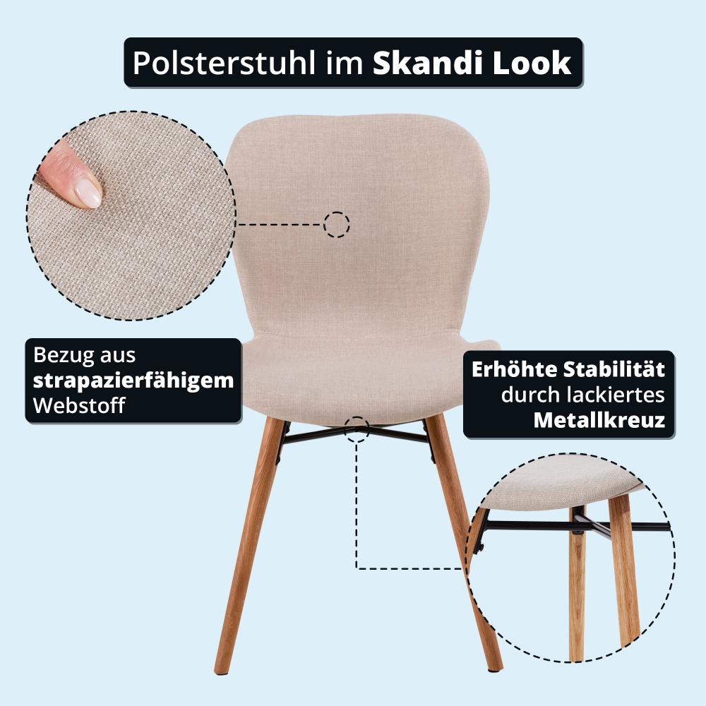 KHG Esszimmerstuhl Polsterstuhl Küchenstuhl Skandi Look Beige - Stuhlbeine Holz Eiche Massiv geölt - BHT 47 x 82 x 53 cm - 110 kg max. Belastbarkeit - ideal für Küche Büro Wohnzimmer Bild 1