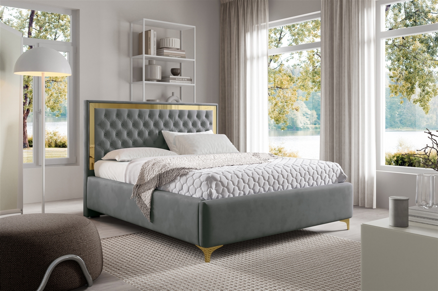 MEBLINI Polsterbett 140x200 mit Lattenrost ohne Matratze – ARONA GOLD – Dunkelgrau Samt – Doppelbett mit Bettkasten - Stauraumbett - Kopfteil Bett mit Stauraum Bild 1