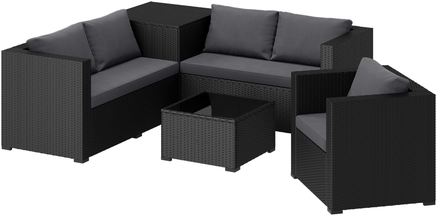 STEELSØN 'Veloria' Polyrattan Sitzgruppe, 2 Sofa, Tisch, Aufbewahrungsbox, mit Sessel, schwarz Bild 1