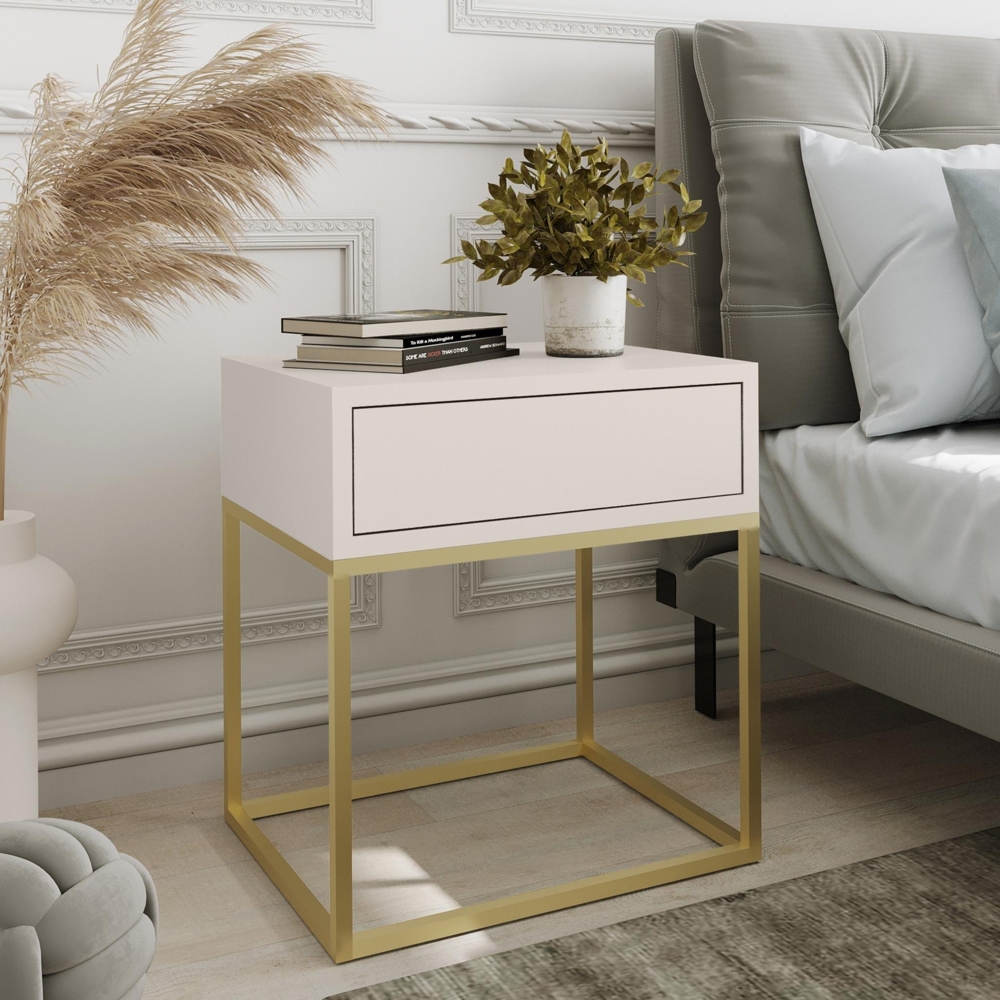 AX LIVING Nachttisch Kommode Aleio in Beige mit goldenem Metallgestell Bild 1