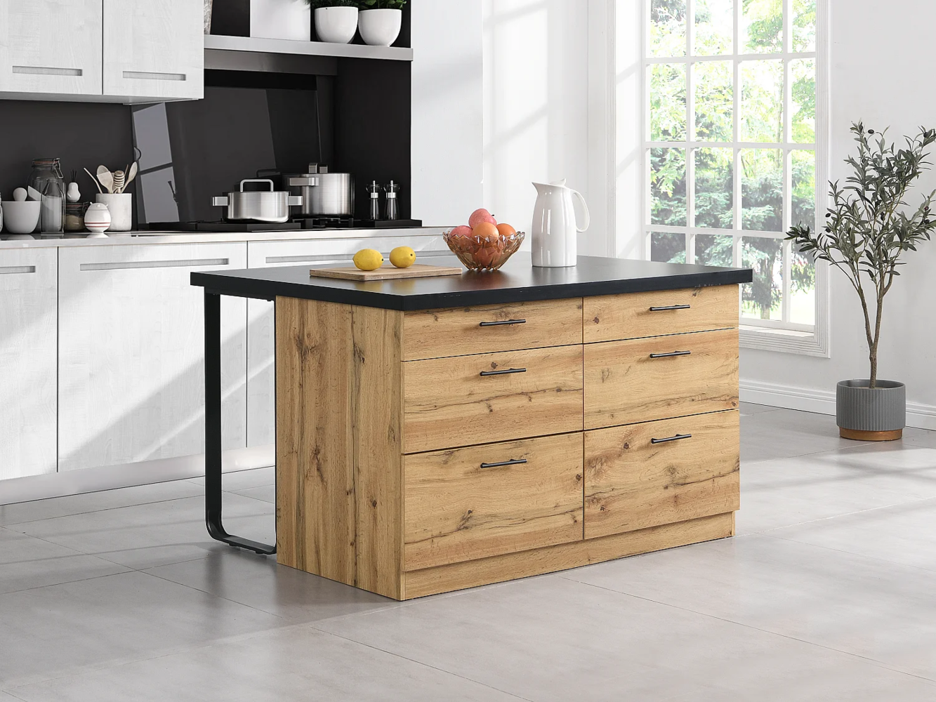Vente-unique - Kücheninsel mit 6 Schubladen aus MDF & Metall - Schwarz & Holzfarben hell - ALEGRITA Bild 1