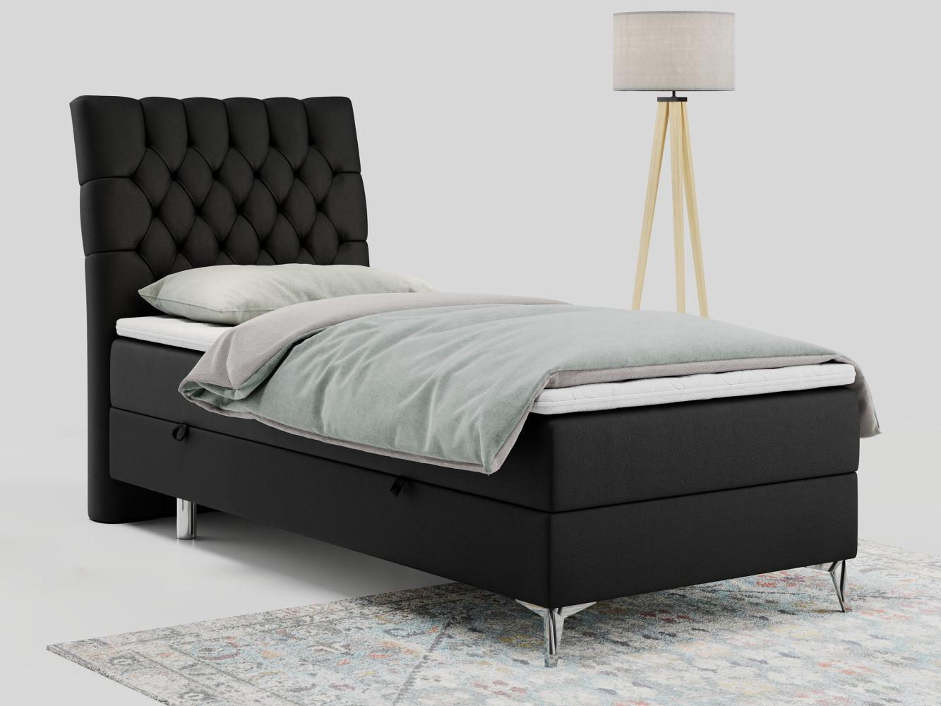 Boxspringbett MILEN, Einzelbett 90x200, Polsterbett mit Multipocket-Matratze und Topper - Schwarz Kunstleder - links - H4 Bild 1