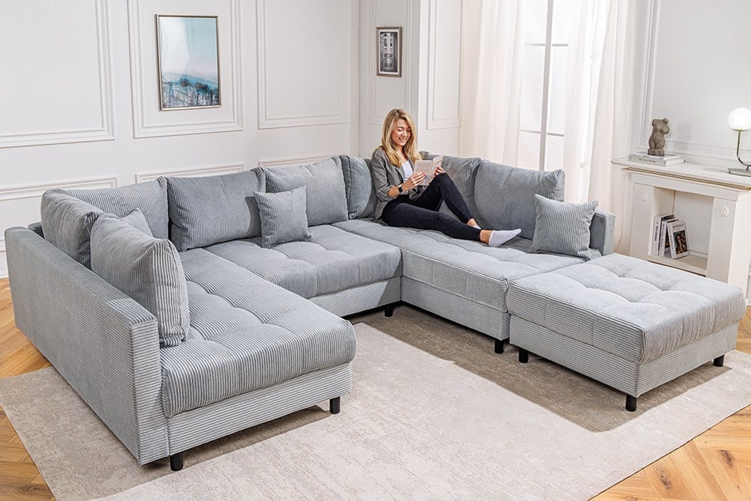 riess-ambiente Wohnlandschaft KENT 305cm hellgrau / schwarz · inkl. Hocker · U-Form · XXL Couch, Einzelartikel 1 Teile, Ecksofa · Wohnzimmer · mit Federkern · Cord-Bezug · Modern Design Bild 1