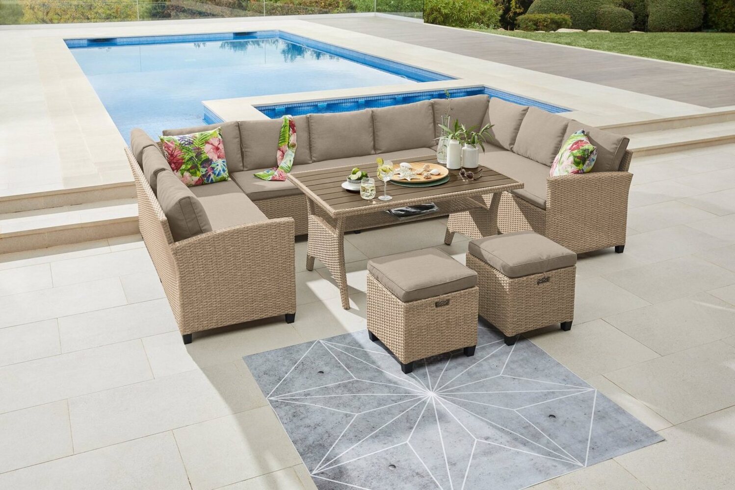 KONIFERA Gartenlounge-Set Rotterdam, (Set, 20-tlg, 3x 3er Sofa, 2x Hocker, 1x Tisch 120x82x67cm, inkl. Auflagen), Polyrattan, Stahl, Tischplatte aus Nonwood Bild 1