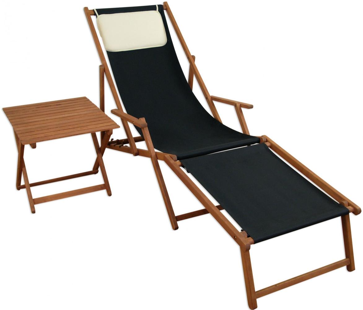 Liegestuhl schwarz Fußablage Tisch Kissen Deckchair Sonnenliege Gartenliege Holz 10-305 F T KH Bild 1