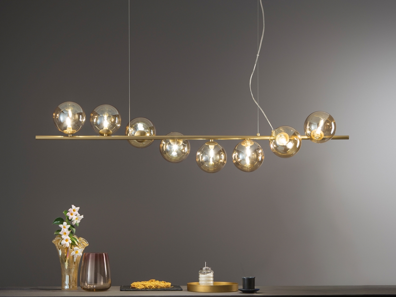 Große Pendelleuchte HONEY 8-flammig Gold-Glaskugeln Bernstein, Breite 145cm Bild 1