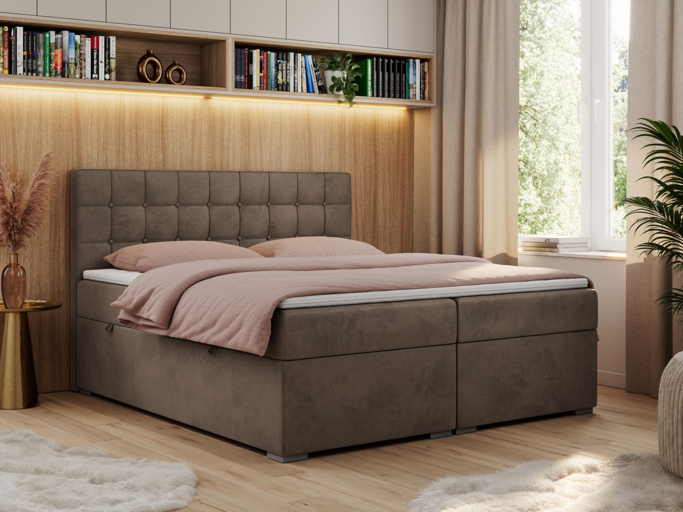 Boxspringbett, Doppelbett, Polsterbett mit Kopfstütze - CARMEN - 160x200cm - Braun Velours - H3 Bild 1