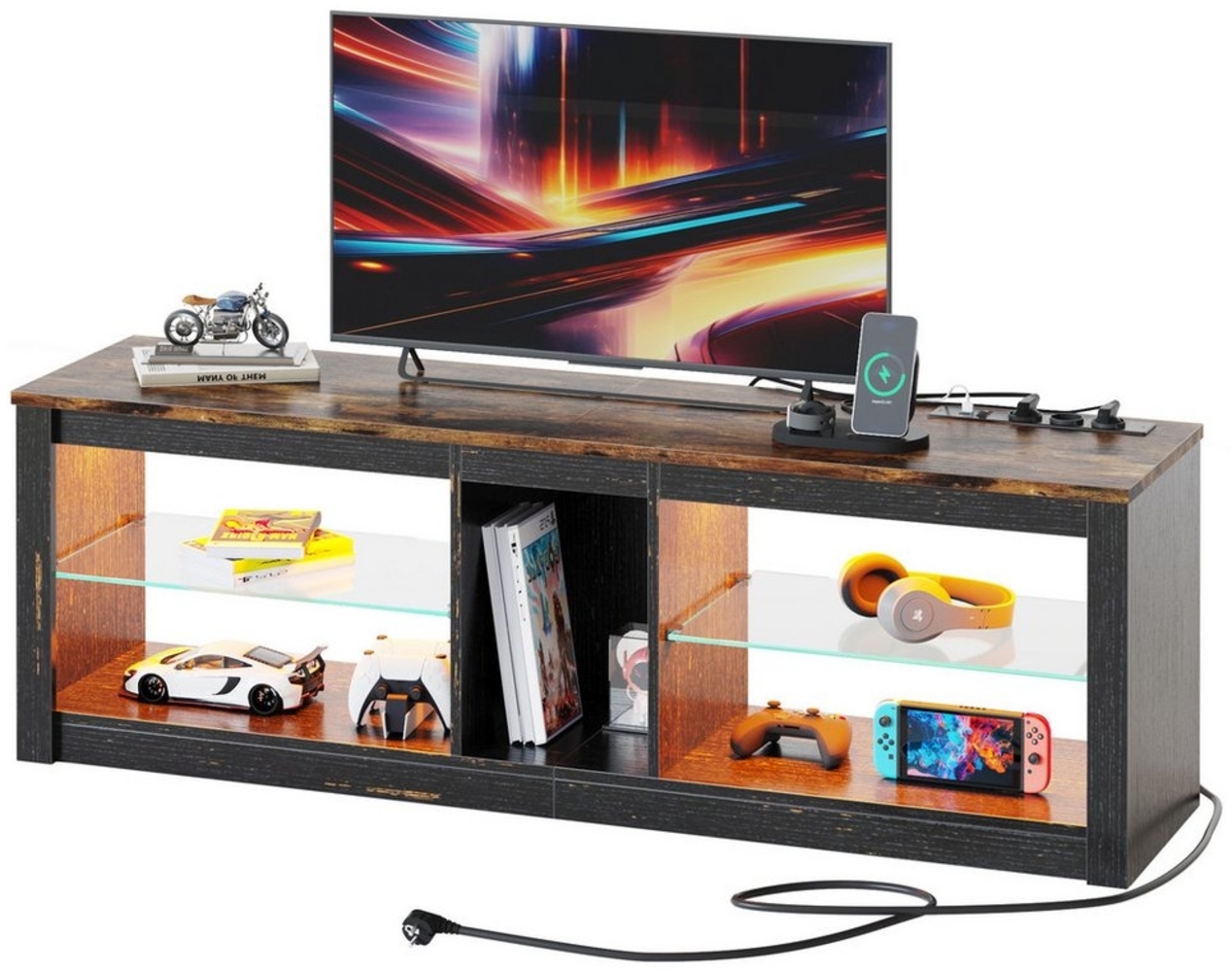 Bestier TV-Schrank Lowboard mit Steckdosen für 65 Zoll&kleinere TVs, 140 x 35 x 47 cm Fernsehschrank mit RGB-LED-Leuchten für Wohnzimmer Bild 1