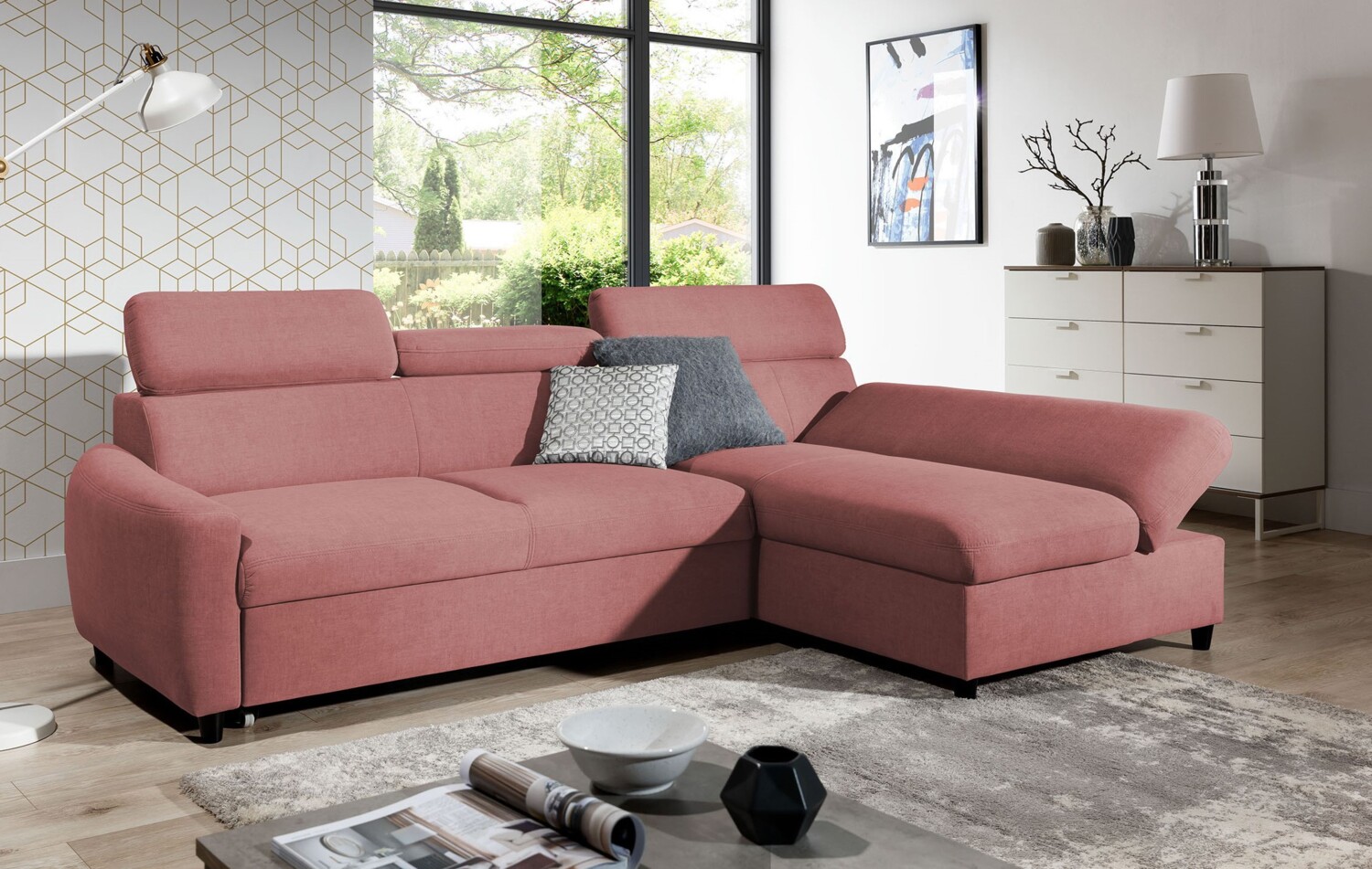 99rooms Litos Ecksofa Velours ESITO Rosa Rechts mit Bild 1