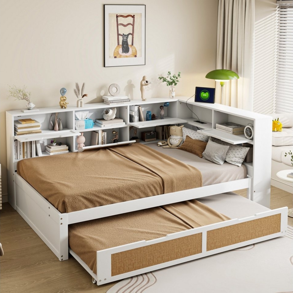 REDOM Stauraumbett Multifunktionales Schlafsofa Daybett Tagesbett Kinderbett (mit Ausziehbett, Stauraum & USB-Ladeanschluss – Modernes Einzelbett für Kinderzimmer & Gästezimmer in Weiß – Massivholzrahmen & Rattan-Design, Multifunktionales Holz Schlafso... Bild 1