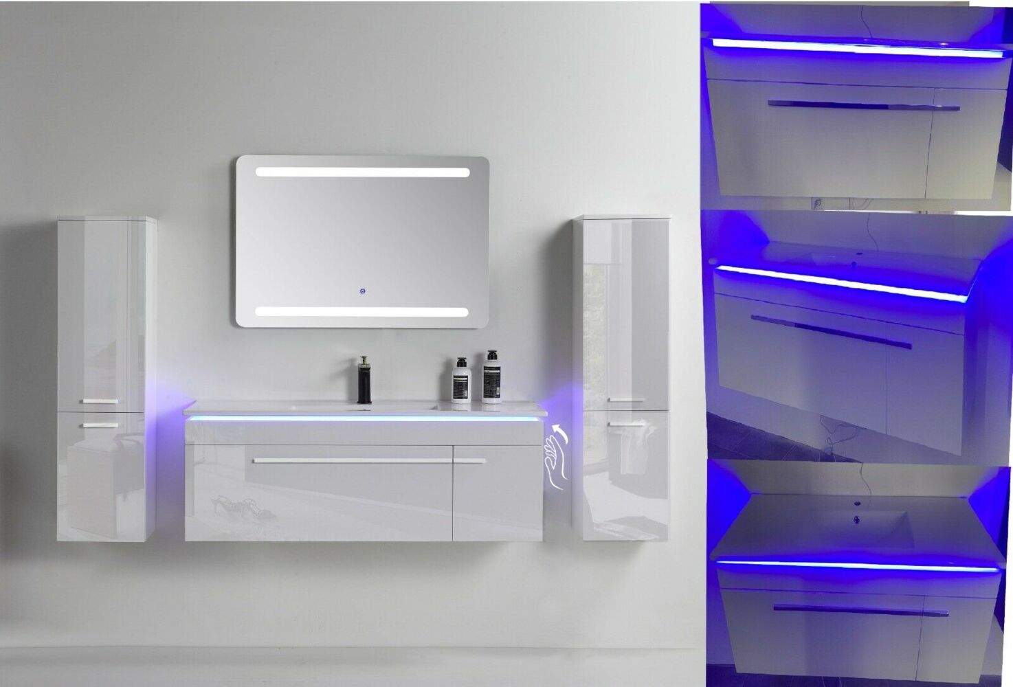 5-tlg Badmöbel Set – 90 cm Weiß Hochglanz mit LED Spiegel Bild 1