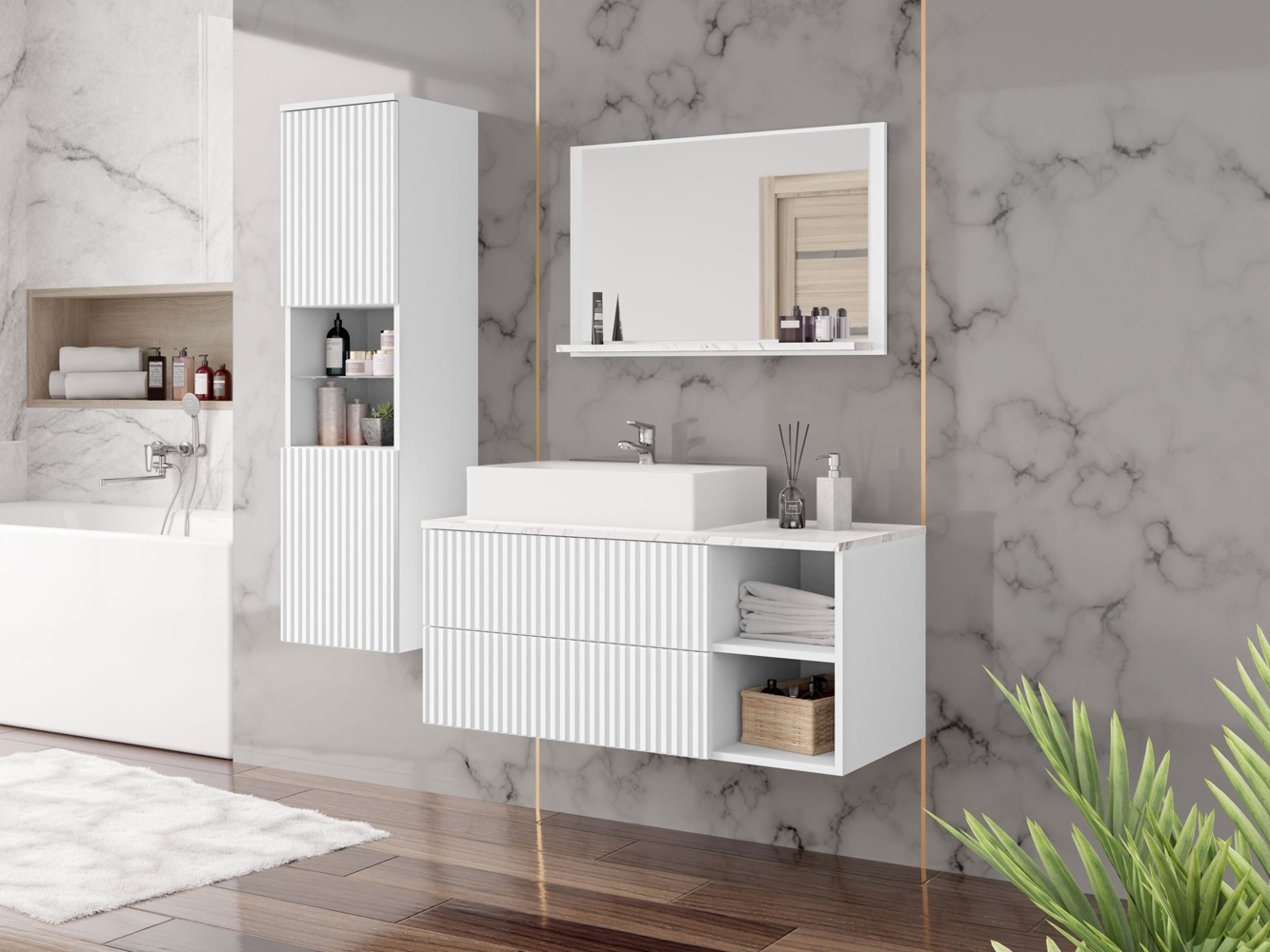 Badmöbel-Set Kormen Rillen II (Farbe: Weiß / Weiß Rillen + Marmor Bianco) Bild 1