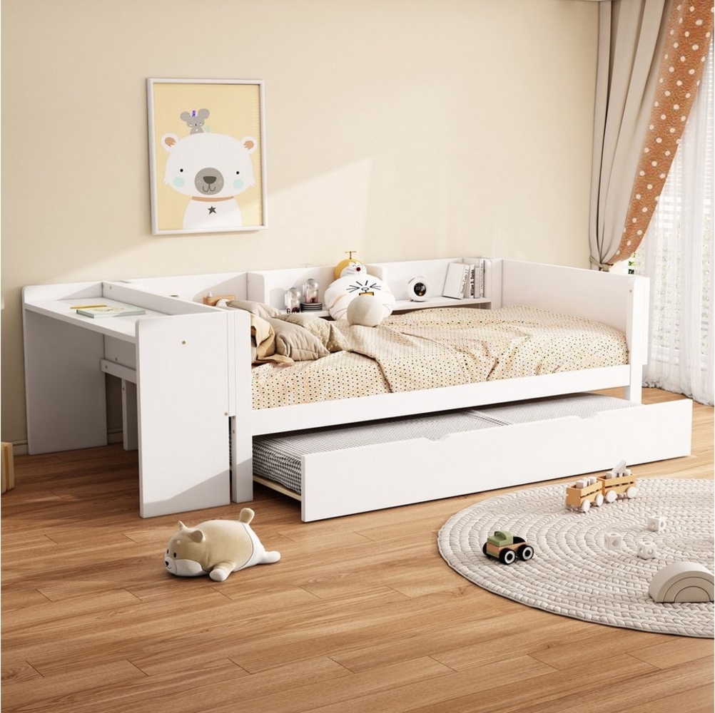 Flieks Massivholzbett, Kinderbett Einzelbett 90x200cm mit Ausziehbett 90x180cm + Schreibtisch Bild 1