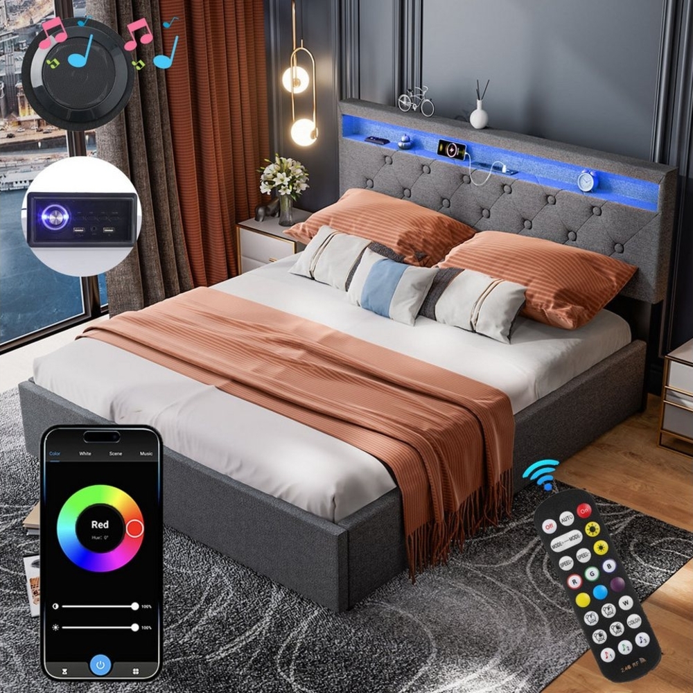 LOVONLIVE Polsterbett Doppelbett 140x200cm mit Stauraum LED Licht,Lautspreche, anhebbarer (Polsterbett mit praktischem Stauraum, integrierter LED-Beleuchtung und USB-Anschluss), LED-Licht in 16 Farben,komfortables Kopfteil & vielseitiger Stauraum Bild 1