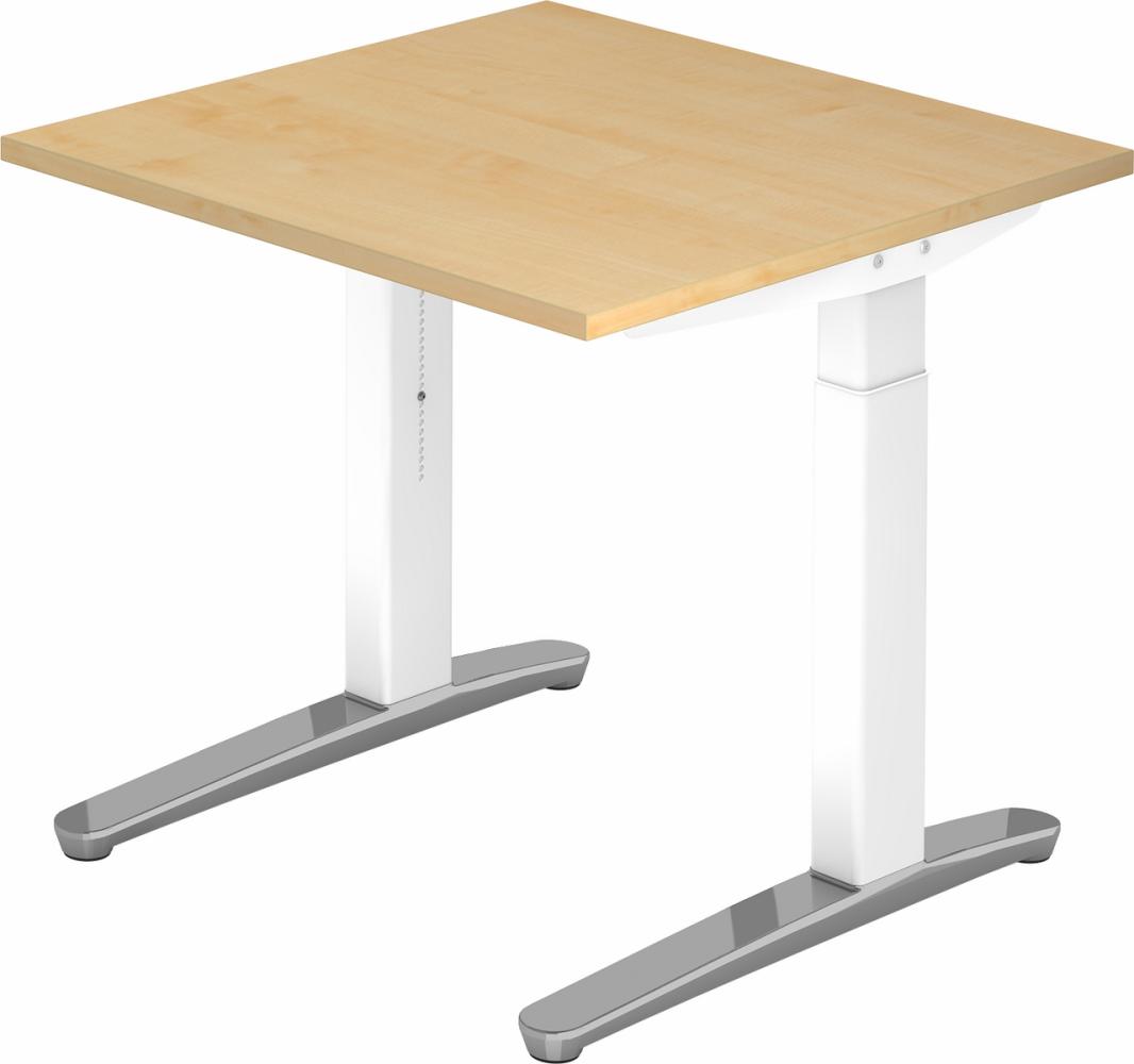 bümö® Design Schreibtisch XB-Serie höhenverstellbar, Tischplatte 80 x 80 cm in Ahorn, Gestell in weiß/alu poliert Bild 1