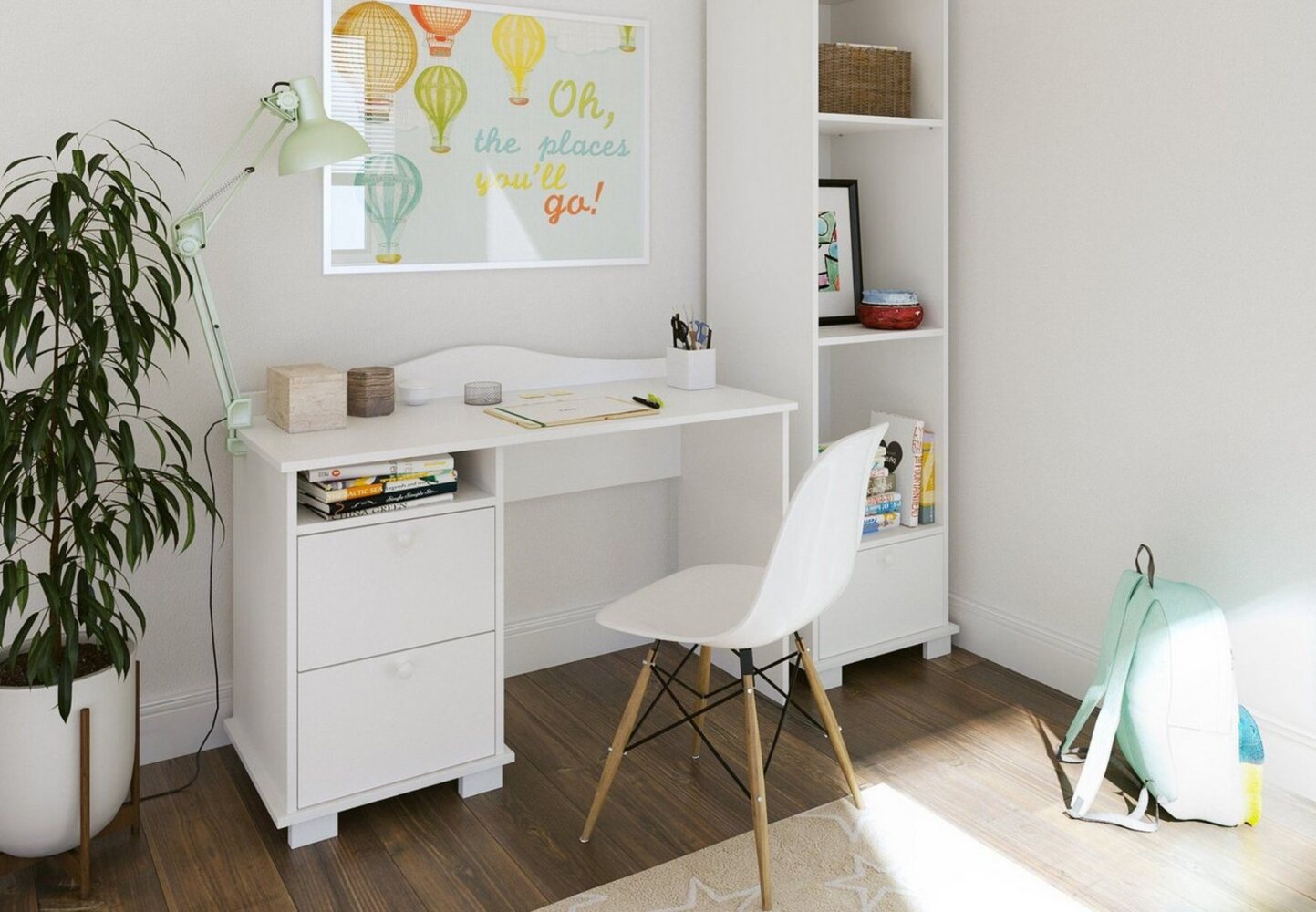 Kids Collective Schreibtisch Kinderschreibtisch mit 74 cm Arbeitshöhe, zwei Schubladen und Ablagefach in weiß Made in Europe Bild 1