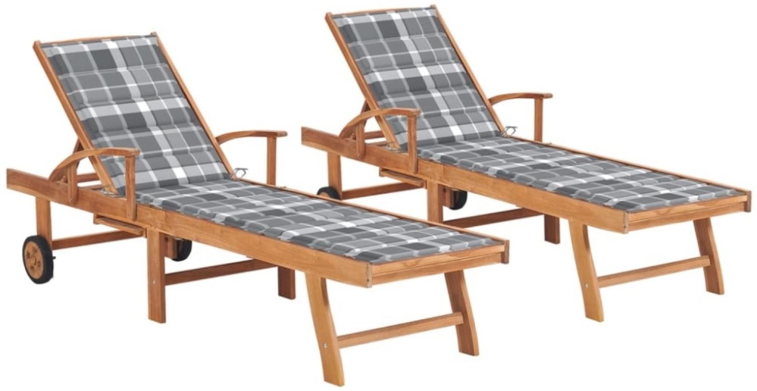 vidaXL Sonnenliegen 2 Stk. Auflagen Graues Karomuster Massivholz Teak 3073200 Bild 1