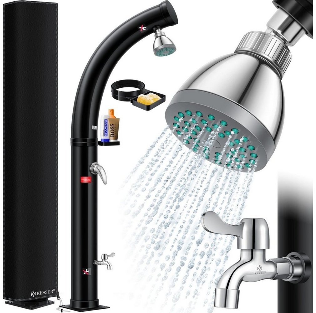 KESSER® Solar Gartendusche Solardusche Bogen mit Metall-Duschablage Schutzhaube & Tasche | warmes Wasser max. 60°C Pooldusche Camping | Regenduschkopf & Wasserhahn | Gartenschlauch-Anschluss Schwarz Bild 1