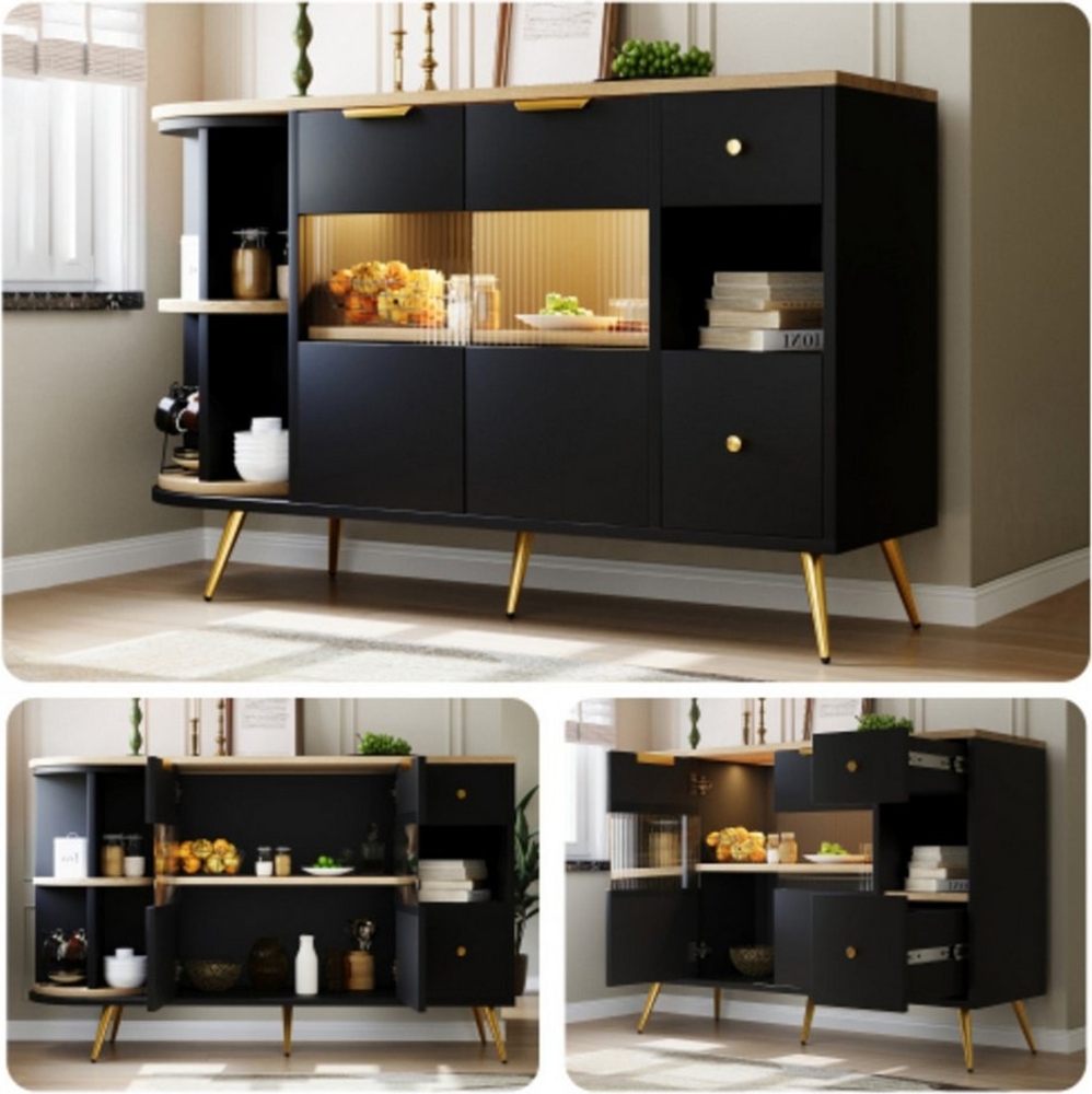 Flieks Sideboard Aufbewahrungsschrank (mit 360° drehbar Regal, 1 St, mit 2 Glasstüren und 2 Schubladen), Kommode mit LED-Beleuchtung Konsolentisch Wohnzimmer, 130*40*80cm Bild 1