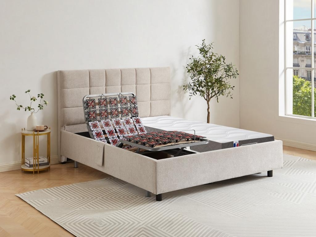 Dekoratives Bett mit elektrischer Relaxfunktion mit Tellern + 3-Zonen-Matratze aus 100 % Latex - 2 x 70 x 190 cm - Stoff - Beige - JOFAR von DREAMEA Bild 1