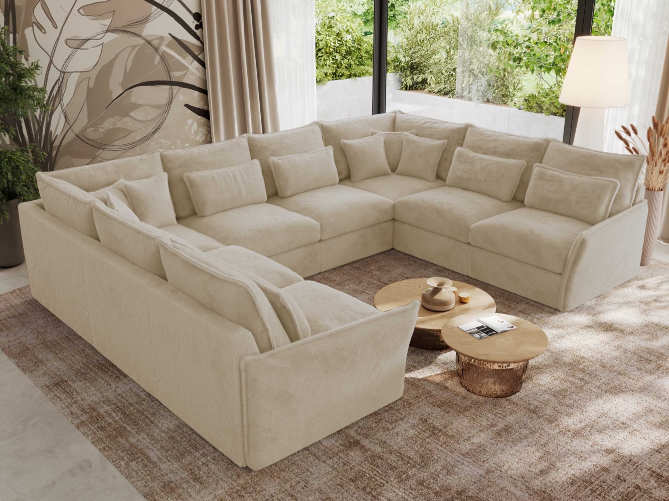 Modulares U-förmiges Wohnzimmer-Ecksofa, XXL Ecksofa mit Armlehnen, Wohnlandschaft, Universal-Ecksofa mit lockeren Kissen - VERSO U 8M - Creme Plüschstoff Bild 1