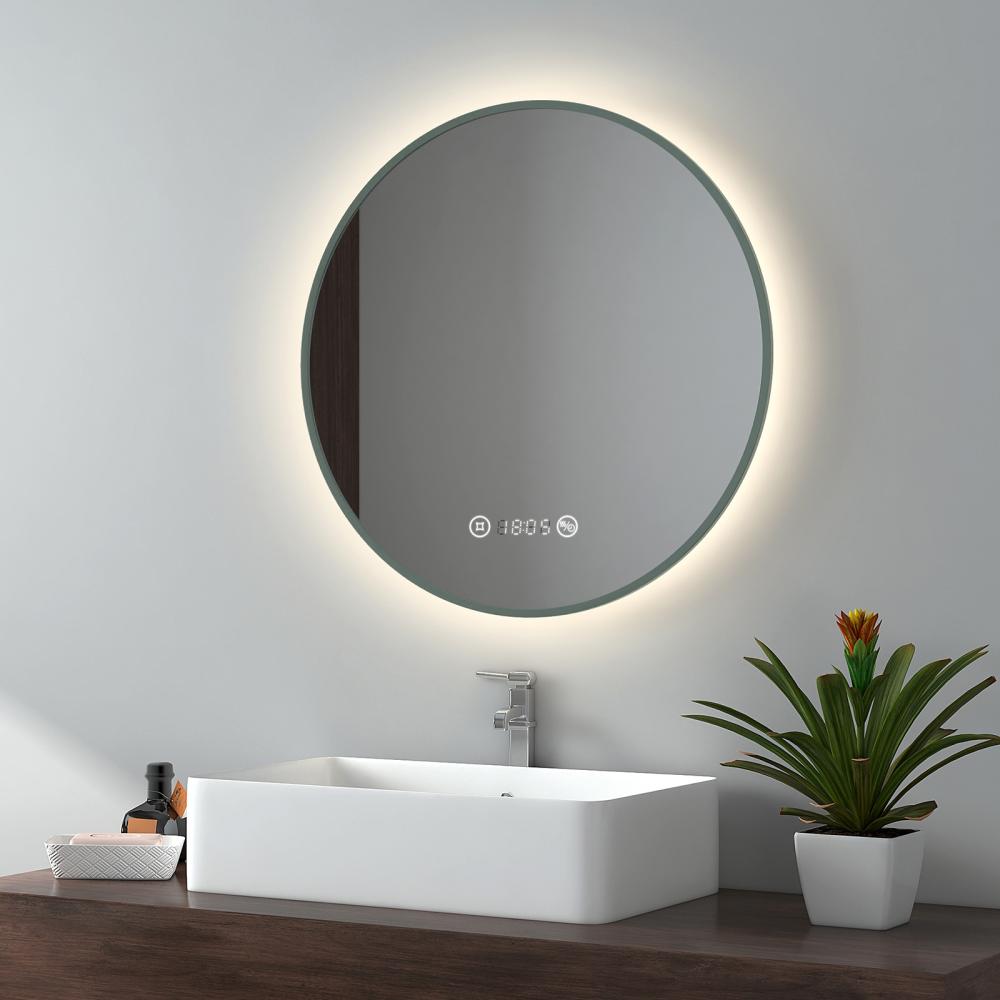 EMKE LED Badspiegel ф60cm Dunkelgrüner Rand, Beschlagfrei, Uhr, Temperatur, Dimmbar, Memory-Funktion Neutrales Licht Wandspiegel Bild 1