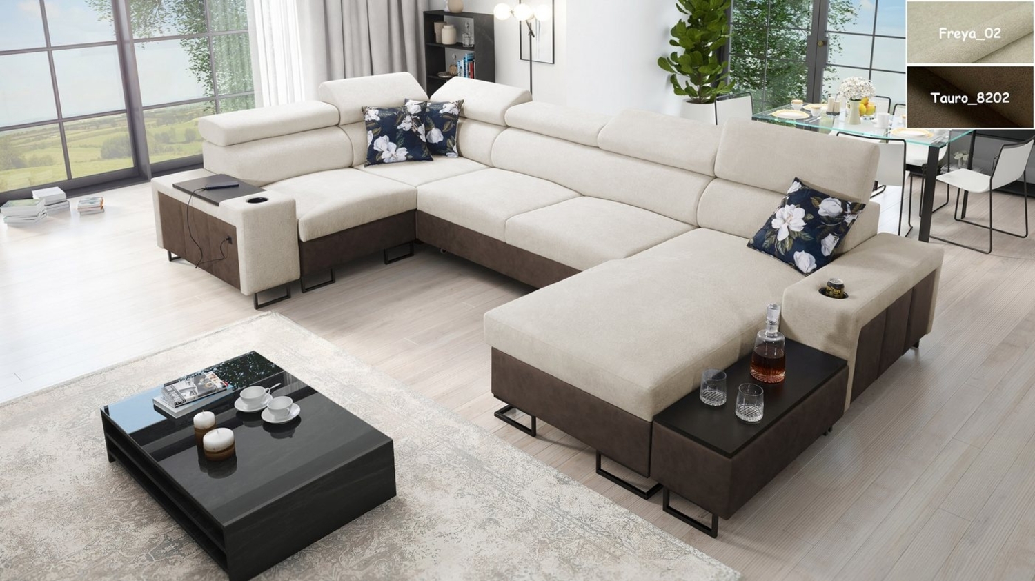Möbel für Dich Wohnlandschaft Melody IV in U-Form mit USB, Ablagen und anderen Extras, mit Becherhalter in den Armlehnen und einem kleinen Beistelltisch Bild 1
