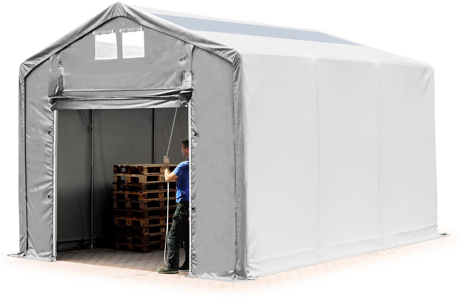 Zelthalle 4x6 m Lagerzelt Industriezelt 3m Seitenhöhe PVC Plane 850 N mit Oberlicht grau 100% wasserdicht mit Hochziehtor Bild 1