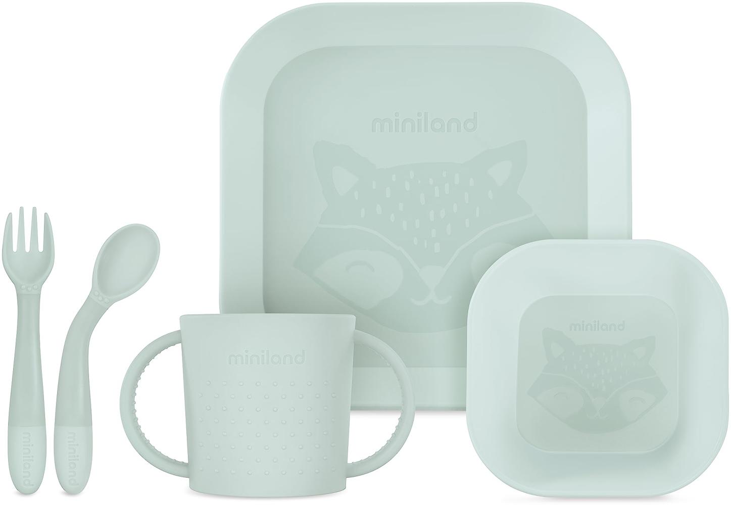 Miniland Meal Set Square Mint. Quadratförmiges Geschirr einschließlich Teller, Schüssel, Becher und flexiblem Besteck, hergestellt in Spanien mit hochwertigen Materialien Bild 1