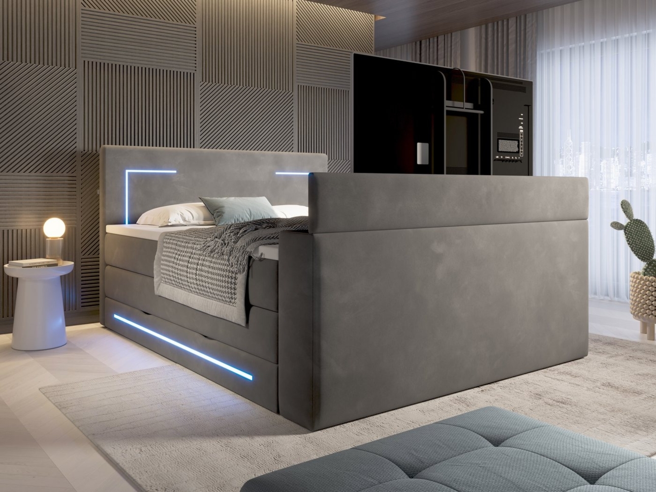 wonello Boxspringbett Monaco mit TV-Lift, mit Bettkasten, Matratzen und Topper, mit LED-Beleuchtung, Samt Bild 1