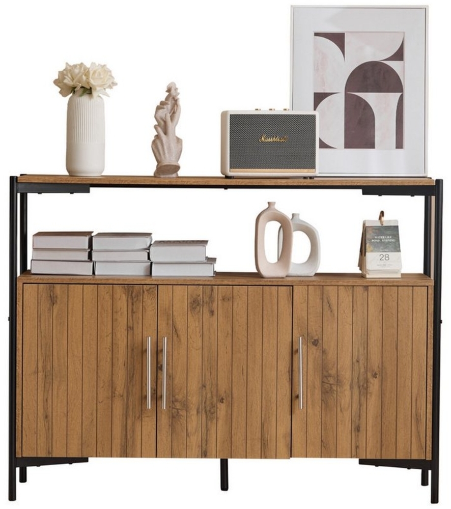 Yorbay Sideboard Anrichte Kommode Natur Farbe, mit 3 Türen, verstellbaren Einlegeböden, Robustes Sideboard mit schwarz Metall Füße, 120x35x90 cm(BxT/H) Bild 1