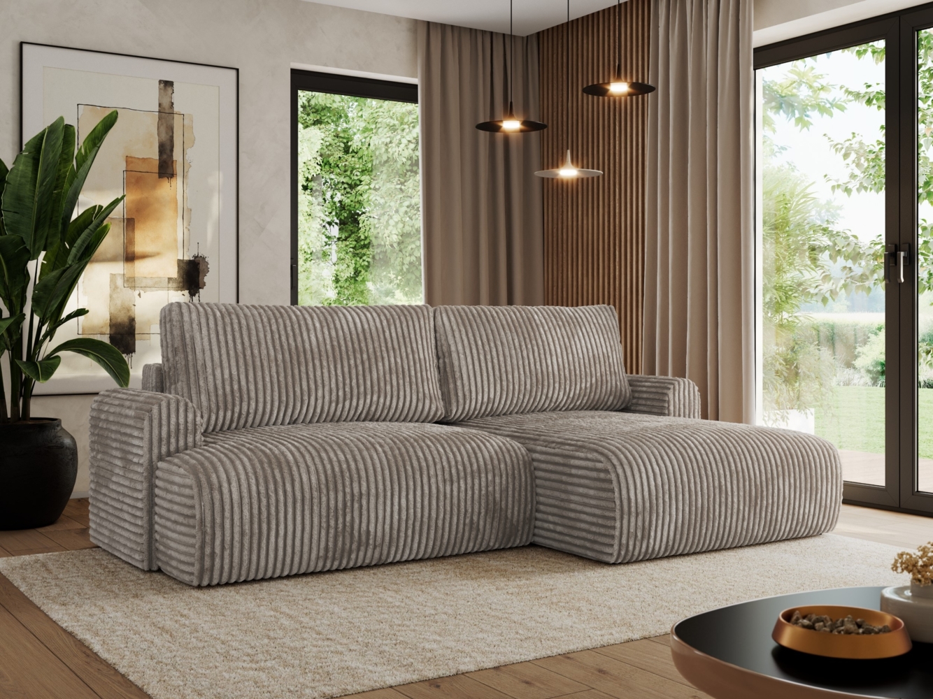 L-förmiges Ecksofa mit losen Kissen und Armlehnen für das Wohnzimmer, Ecksofa mit Schlaffunktion, Bettkästen - TONO - Hellbraun Cord - rechte Seite Bild 1