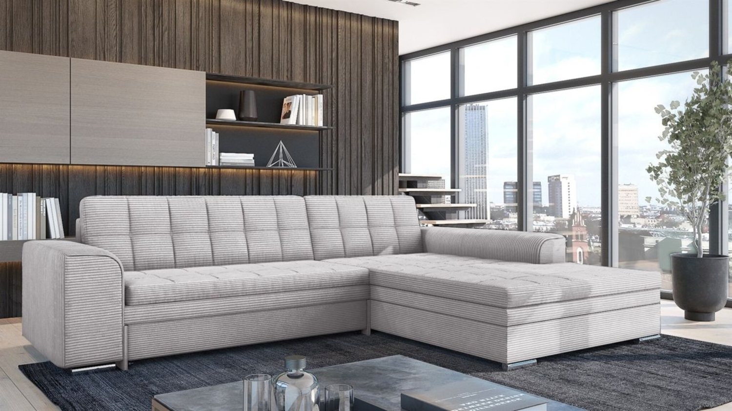 Ecksofa Schlafsofa Sofa LUSAKA in Stoff Lincoln Lichtgrau Ottomane Rechts Bild 1