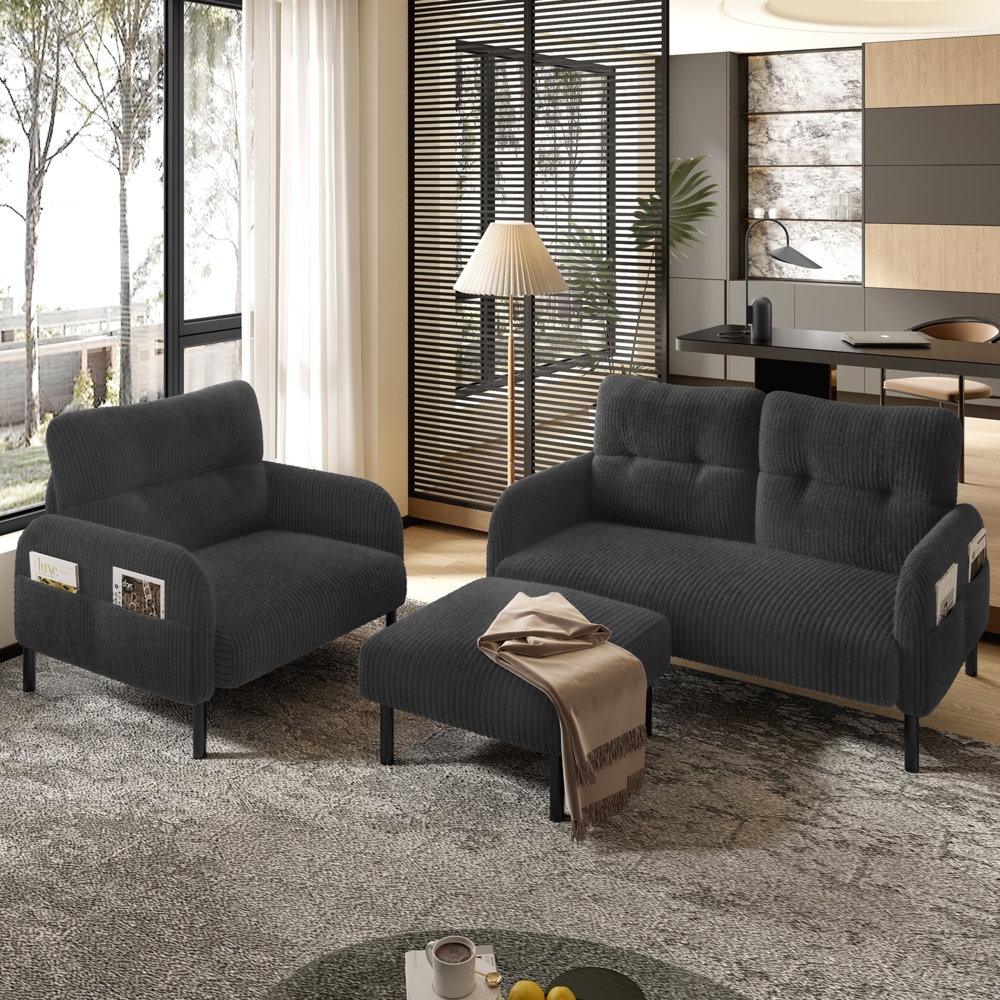 Flieks Modulares 3er-Set Cord-Sofa: Sessel, 2-Sitzer & Hocker mit Tasche, Grau Bild 1