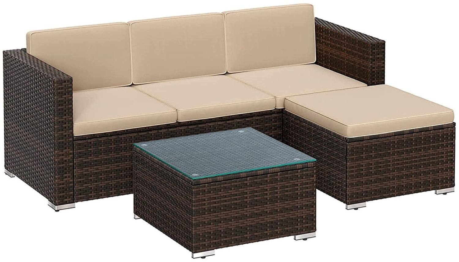 Songmics Balkonmöbel Lounge-Set mit Kissen und Glastisch, PE-Polyrattan braun-taupe Bild 1