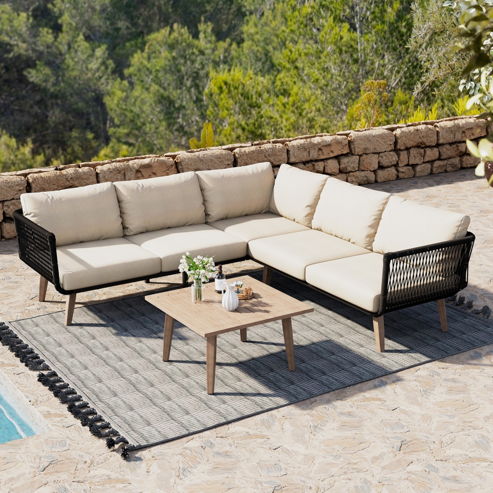 Merax Gartenmöbel-Set, Sofa + Couchtisch, verzinktes Stahlrohr, Olefin, Tischplatte in Holzmaserungsfarbe, geflochtenes Seilhandwerk, geeignet für den Garten, Beige + Schwarz Bild 1