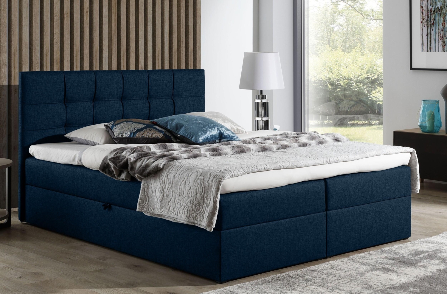 99rooms Stefan Boxspringbett Strukturstoff LARS Dunkelblau 180x200 cm Bild 1