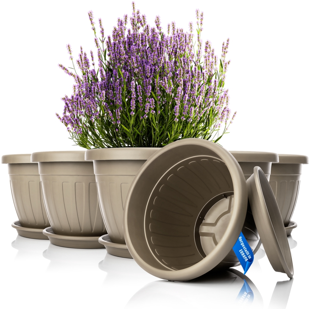BigDean 6x Blumentopf mit Untersetzer rund ø40xH31 cm Mokka/braun - wetterfester Pflanzkübel - Wasserablauf UV-beständig aus bruchsicherem Kunststoff - Innen + Außen geeignet - Made in Europe Bild 1