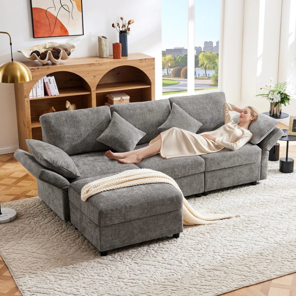 Ecksofa mit Hocker, Zierkissen und Rückenlehnen, L-Form, Armlehnen verstellbar, inkl. Federkern, Polstersofa, Loungesofa, Chenille Bild 1