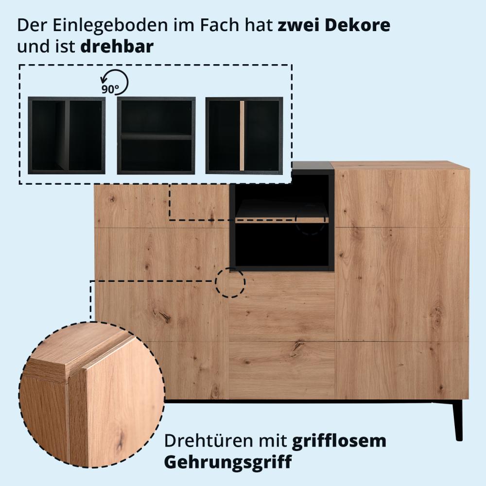 KHG Kommode groß mit 10 Fächern & 3 Drehtüren modern, aus Holzwerkstoff Holzoptik lackiert, Gestell & Akzente in schwarz - 120 x 90 x 42 cm (B/H/T) Bild 1