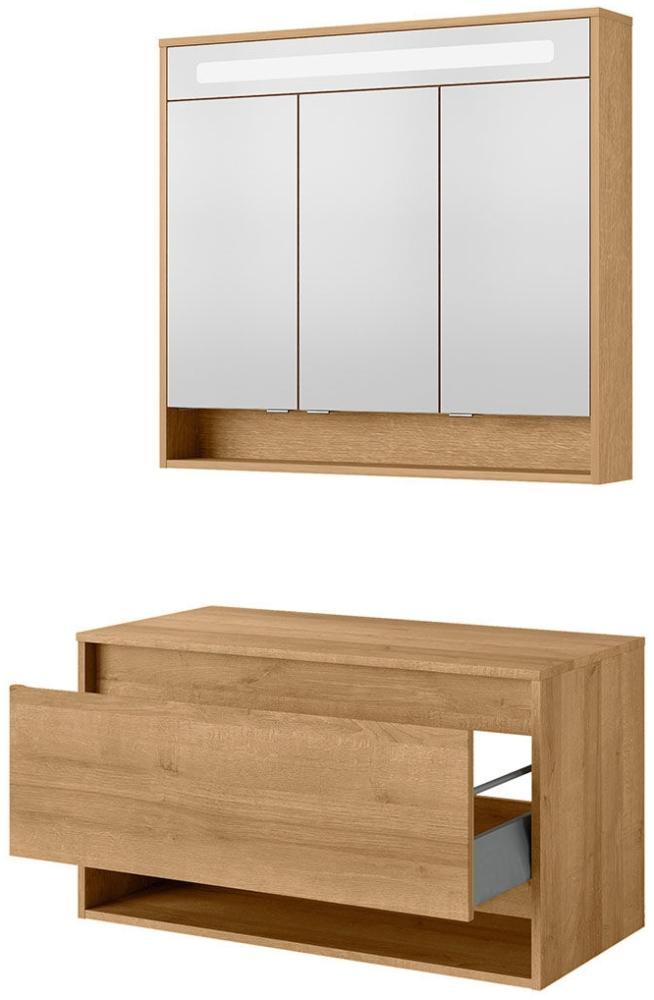 Fackelmann NATURA Badmöbelset 2-teilig, LED Spiegelschrank, 94 cm breit, Braun hell Bild 1