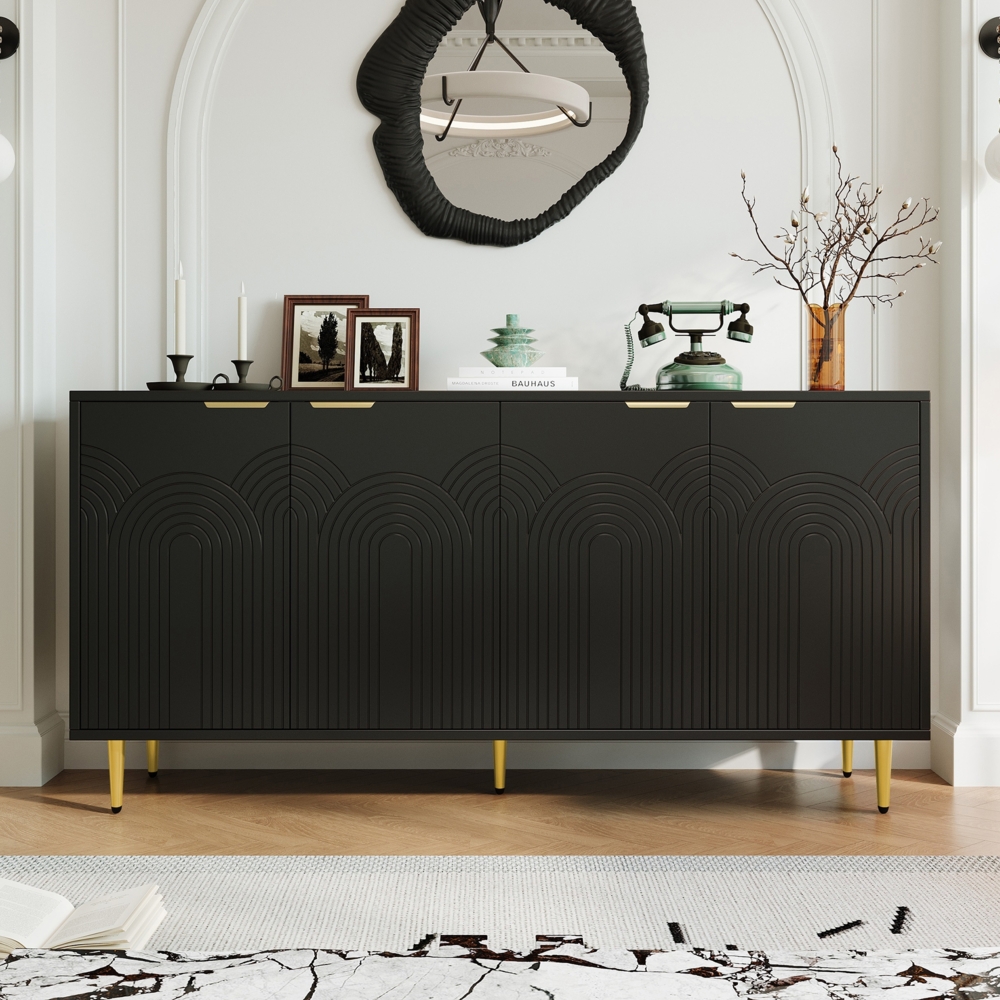Merax Sideboard 160×80×40 cm, Kommode mit 4 Türen Goldene Gebürstete Griffe und Hochglanz Tischbeine Komodenschrank, Schwarz Bild 1