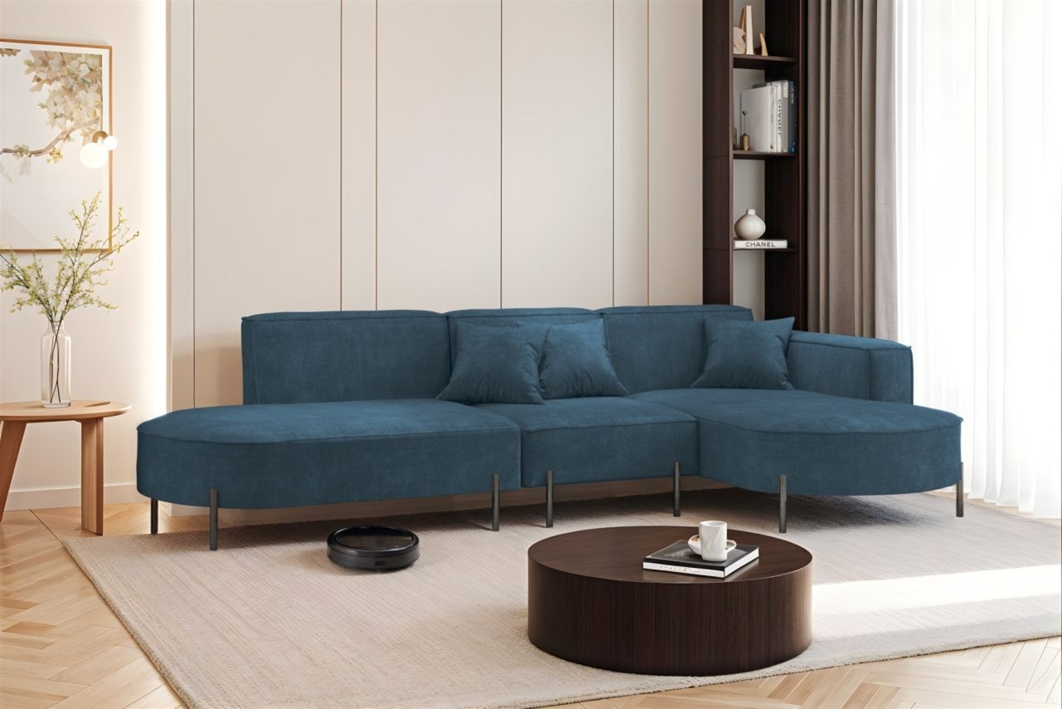 Ecksofa Designersofa VALENCIA in Stoff Noel Blau Ottomane Rechts Bild 1