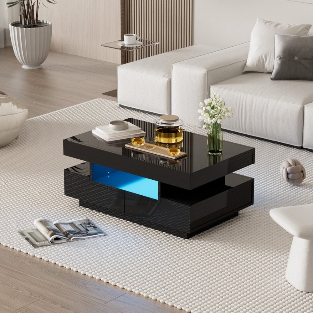 Furnishings Home Couchtisch Ablagetisch LED Beistelltisch Breite 120/104 cm (Hochglänzender quadratischer), Mit Schubladen und 16-farbigen variablen LED-Leuchten Bild 1