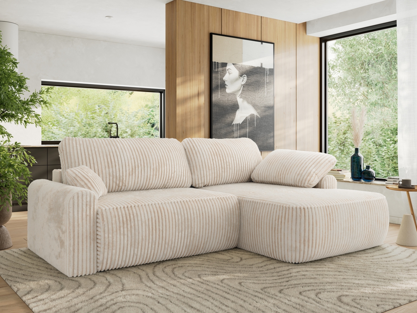 Ecksofa, L-förmiges, lose Kissen, DL-Schlaffunktion, (H 100 x T 187 x B 273 cm) - CUBO L - Cord Beige - rechte Seite Bild 1