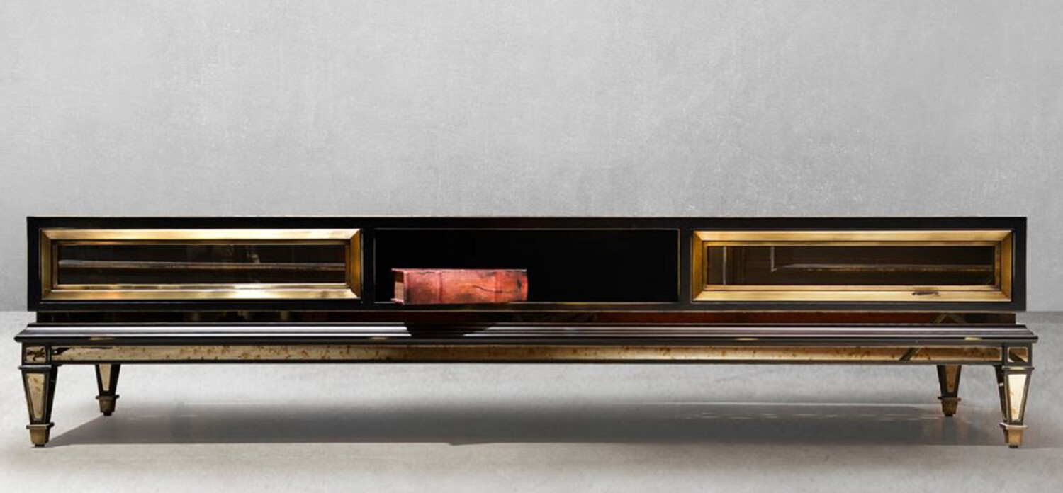 Casa Padrino Luxus Art Deco TV Schrank Schwarz / Gold / Messing 204 x 46 x H. 52,5 cm - Wohnzimmer Sideboard mit 2 Schubladen - Art Deco Möbel - Wohnzimmer Möbel - Luxus Möbel Bild 1