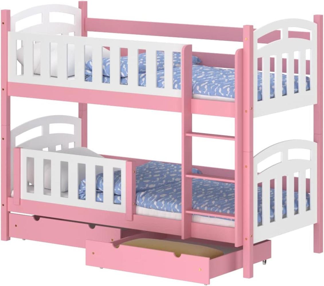 WNM Group Hochbett mit Rausfallschutz und 2 Schubladen Suzie - aus Massivholz - Kinderbett fr Mdchen und Jungen - Absturzsicherung Kinderhochbetten 190x80 cm - Rosa Bild 1